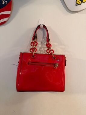 Glossy Red Patent Tote with Chain-Link Handles